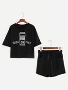 Romwe Black Graphic Print T-shirt With Drawstring Shorts