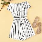 Romwe Striped Off The Shoulder Ruffle Trim Belted Playsuit