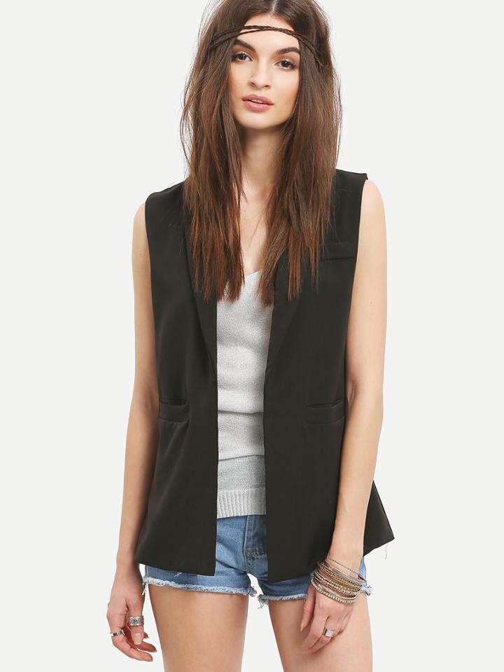 Romwe Three Pocket Front Sleeveless Blazer - Black
