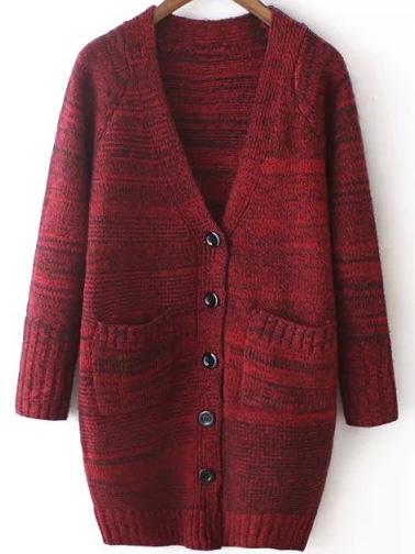 Romwe V Neck Pockets Wine Red Coat