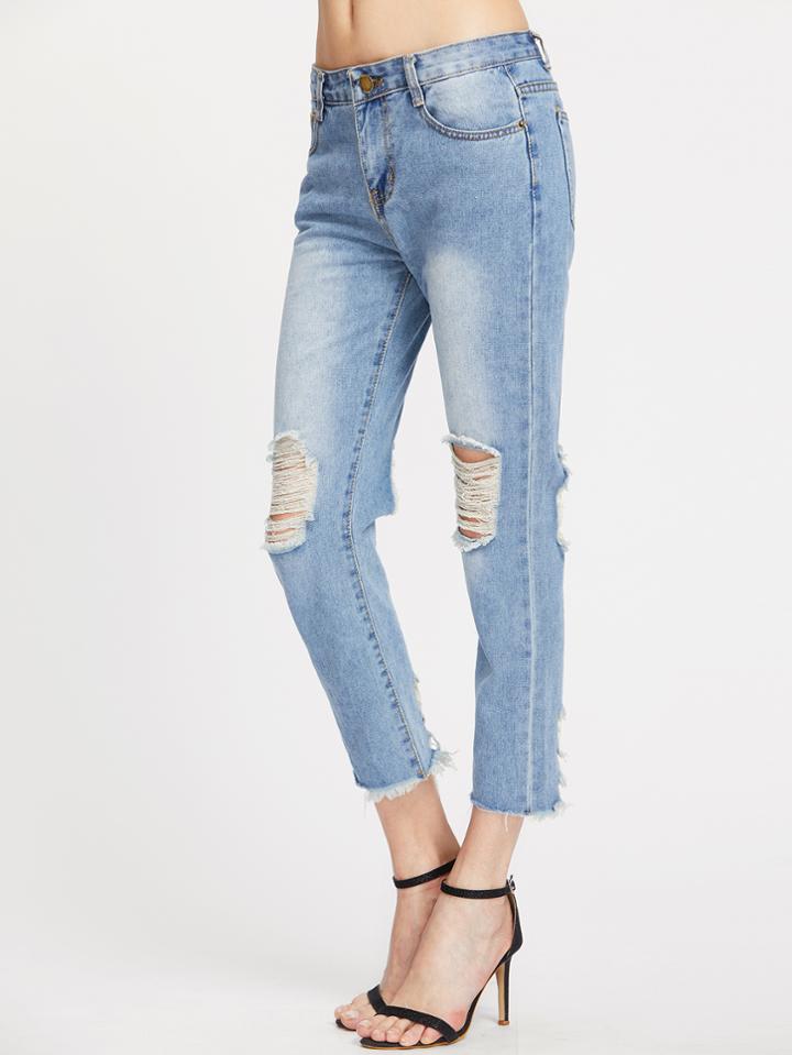 Romwe Bleach Wash Destroyed Ram Hem Jeans