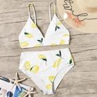 Romwe Random Lemon Print Plunge Top With High Waist Bikini