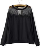 Romwe Black Contrast Sheer Lace Loose Blouse