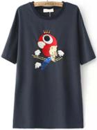 Romwe Parrot Embroidered Sequined Applique Navy T-shirt