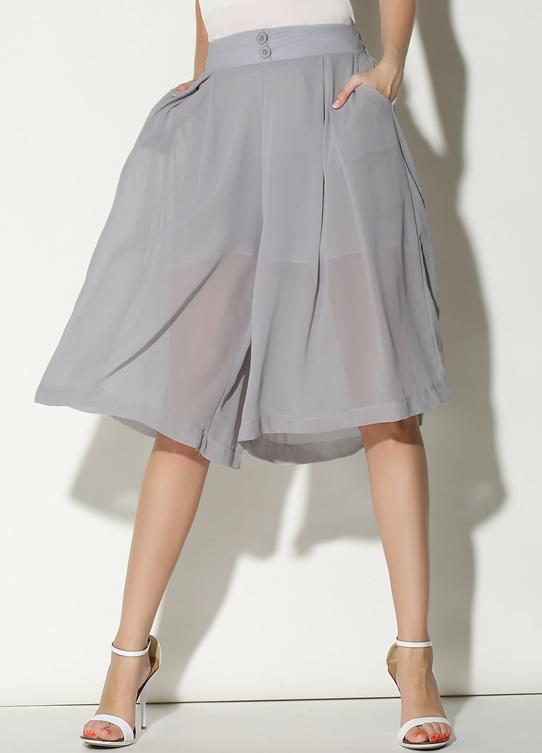 Romwe Grey Buttons Wide Leg Chiffon Crop Pant