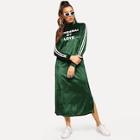 Romwe Striped Tape Letter Print Velvet Slit Hem Dress