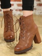 Romwe Brown Lace Up Pu High Heeled Boots