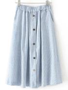 Romwe Blue Elastic Waist Button Stripe Pleated Skirt