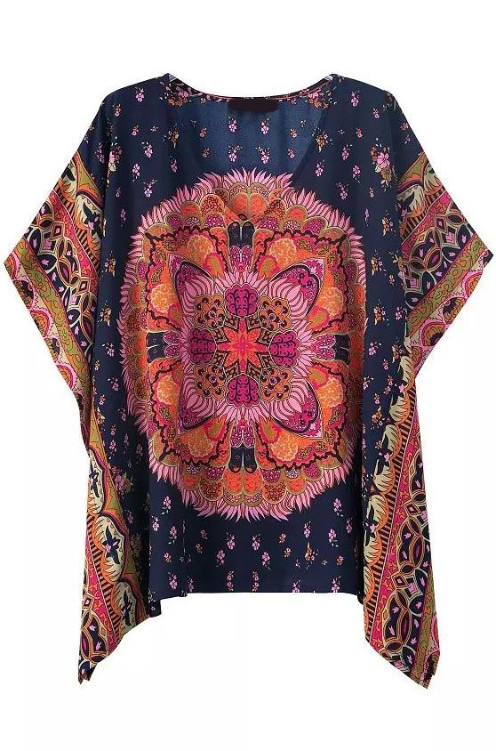 Romwe V Neck Vintage Print Loose Navy Top
