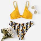 Romwe Triangle Top With Flower Print Bikini Set