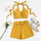 Romwe Solid Halter Top With Tie Waist Shorts