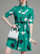 Romwe Green Lapel Swan Belted A-line Dress