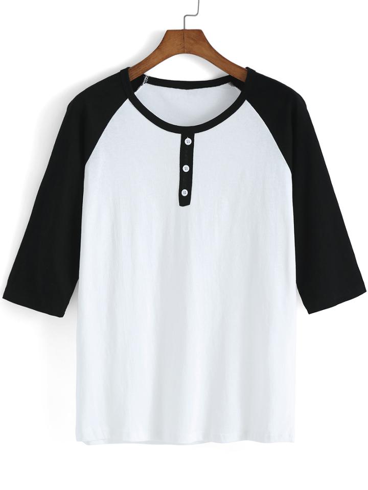 Romwe Black White Round Neck Buttons T-shirt