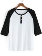 Romwe Black White Round Neck Buttons T-shirt
