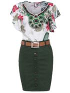 Romwe Leaves Print Bead Top With Belt Buttons Bodycon Skirt