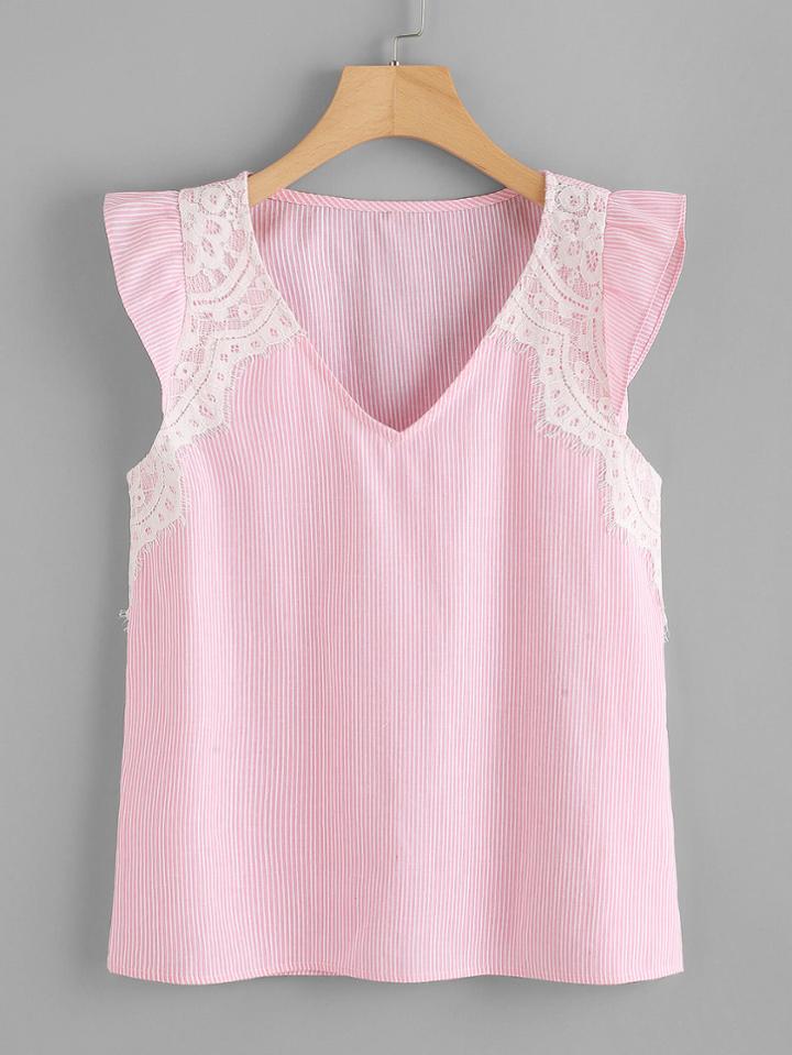 Romwe Lace Applique Ruffle Armhole Pinstripe Top