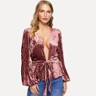 Romwe Lantern Sleeve Tie Waist Velvet Peplum Coat