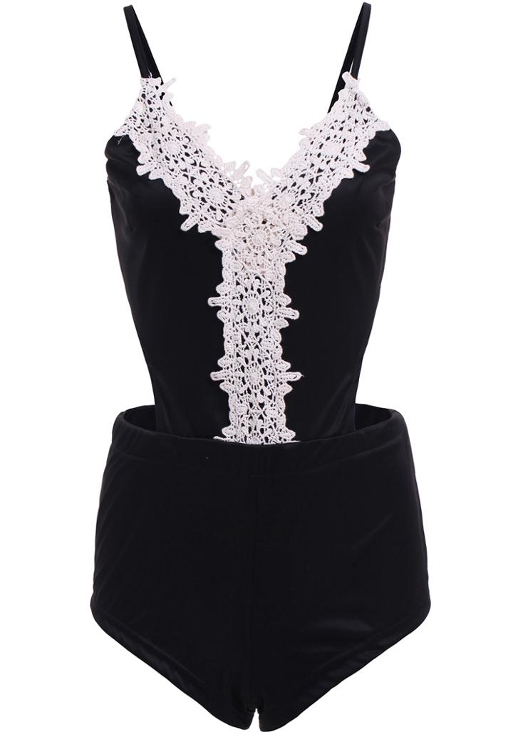Romwe Black Spaghetti Strap Lace Midriff Swimwear
