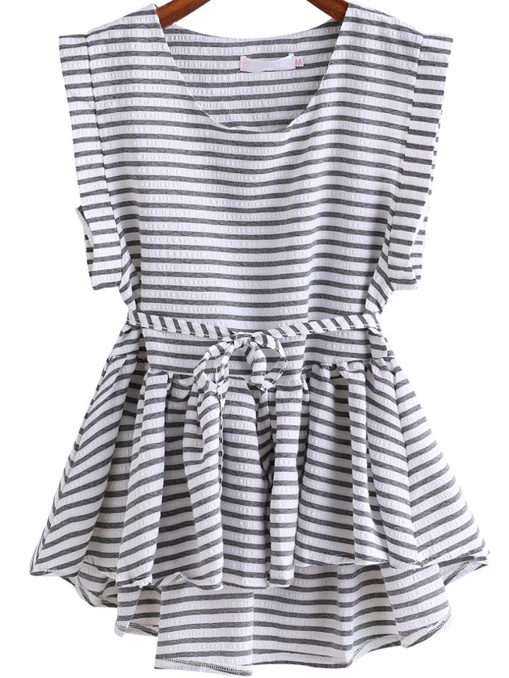 Romwe Black White Round Neck Striped Dip Hem Top