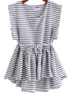 Romwe Black White Round Neck Striped Dip Hem Top