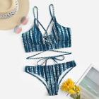 Romwe Lace-up Back Top With Low Rise Bikini Set