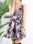 Romwe Deep V Neck Florals Open Back Dress With Bow