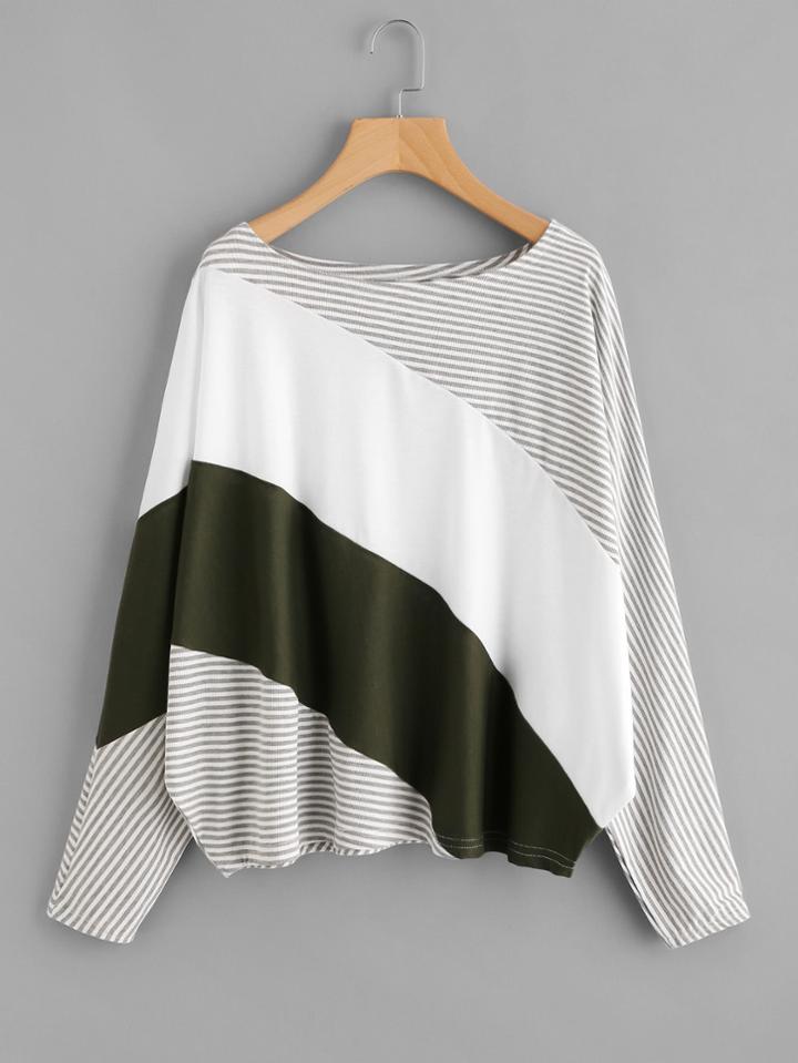 Romwe Cut And Sew Striped Tee