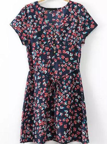 Romwe V Neck Vintage Print With Belt Pleated Dress