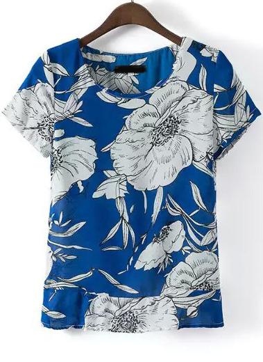 Romwe Blue Round Neck Short Sleeve Floral Blouse