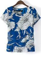 Romwe Blue Round Neck Short Sleeve Floral Blouse
