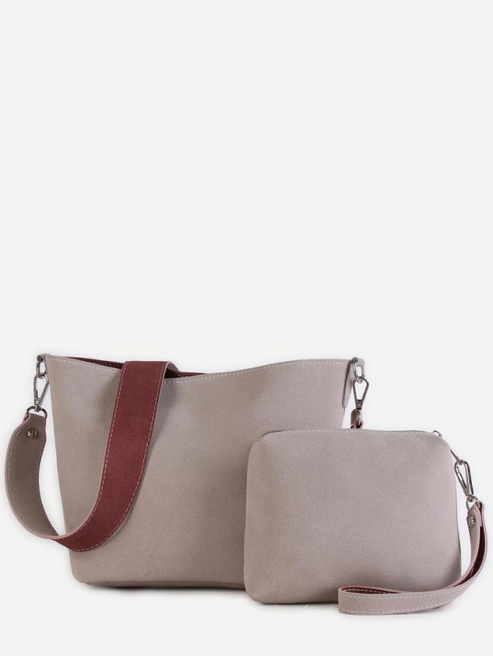 Romwe Burgundy And White Faux Leather Tote Bag Set With Wide Strap