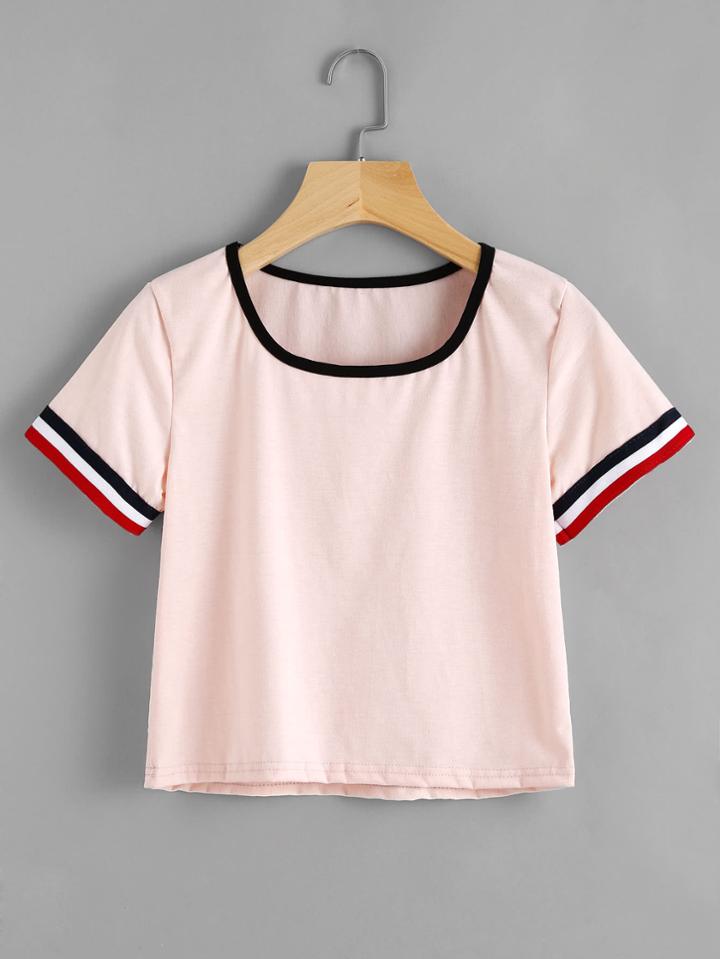 Romwe Striped Trim Ringer Tee