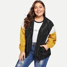 Romwe Plus Cut And Sew Zip Up Hooded Windbreaker Jacket