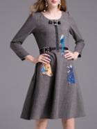 Romwe Grey Bowknot Beading Applique Pouf Dress