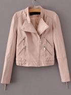 Romwe Pink Oblique Zipper Pu Jacket With Buckle