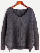 Romwe Grey Ribbed Knit Slit High Low Sweater