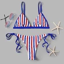 Romwe Striped Triangle Top With Tie Side Bikini Set