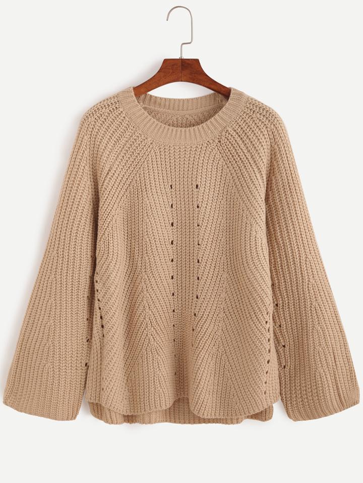 Romwe Round Neck Hollow Out Loose Dip Hem Sweater