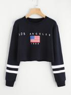 Romwe American Flag Print Varsity Striped Crop Sweatshirt
