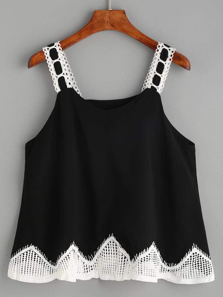 Romwe Black Contrast Hollow Top