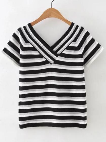 Romwe Black And White V Neck Striped T-shirt
