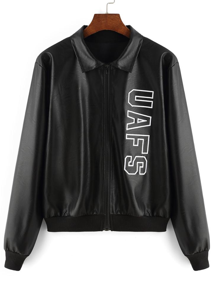 Romwe Lapel Zipper Letter Print Jacket