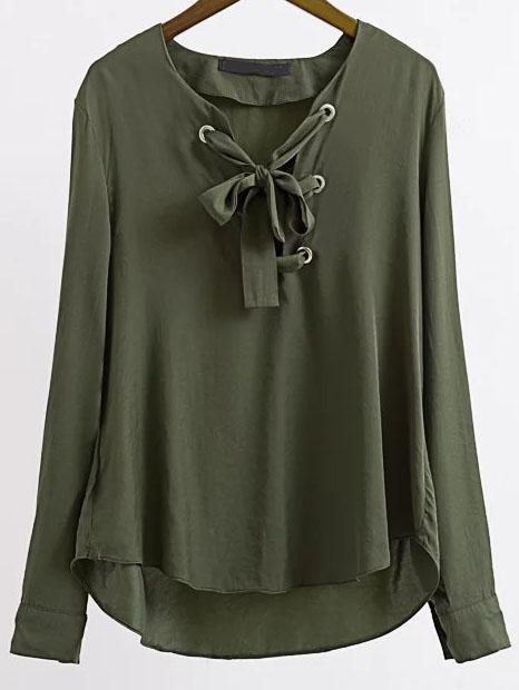 Romwe Amry Green Eyelet Lace Up High Low Blouse