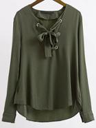 Romwe Amry Green Eyelet Lace Up High Low Blouse