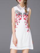 Romwe White Lapel Embroidered Beading Dress