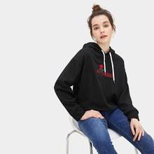 Romwe Rose And Letter Embroidery Drawstring Hoodie