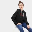Romwe Rose And Letter Embroidery Drawstring Hoodie