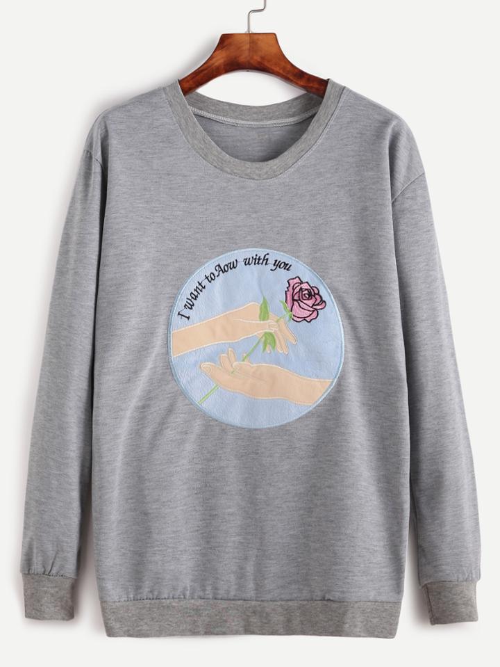 Romwe Light Grey Embroidered Casual Sweatshirt