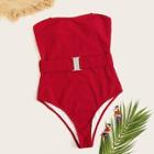 Romwe Rib-knit Belted Tube One Piece Swimsuit