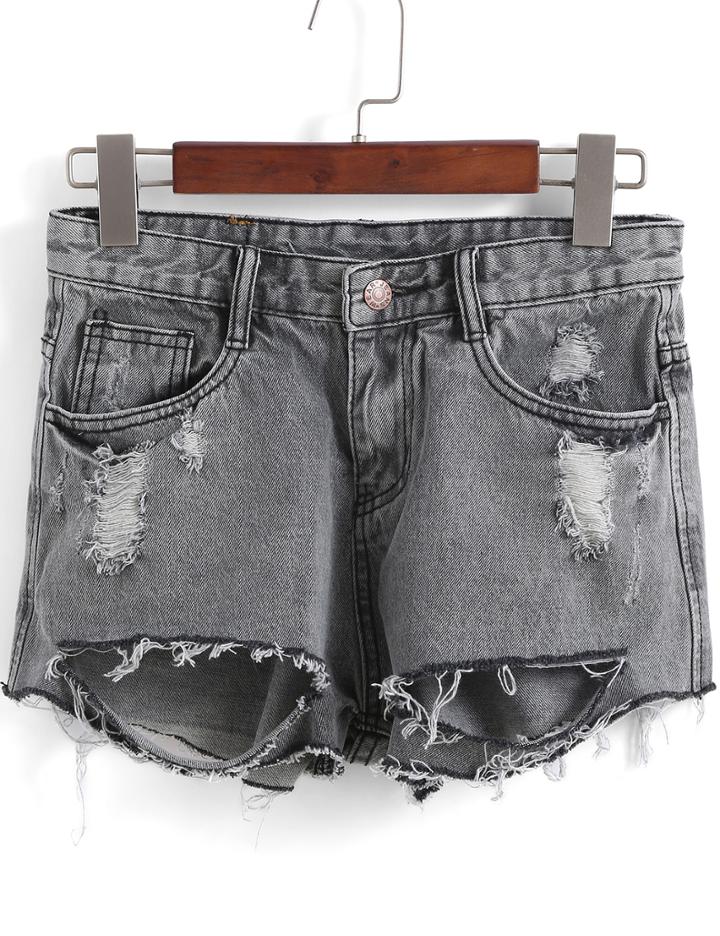 Romwe Grey Ripped Straight Denim Shorts